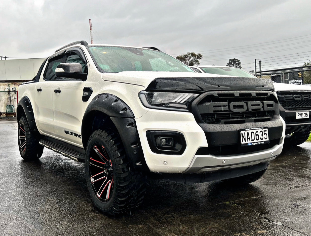 BONNET GUARD THICK 2012-2021- RANGER/EVEREST installed on white Ute zoomed out view